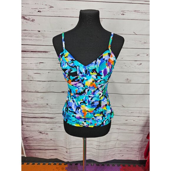Caribbean Joe Bathing Suit Top Women's Size 10 Blue Multi Cups Light Padding - Picture 3 of 11